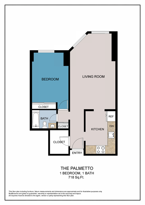 Floor plan for 1 bed, 1 bath, 718 sqft